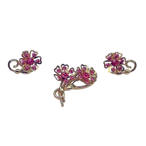 Coro Signed Vintage Pink Rhinestone Floral Brooch & Screwback Earrings Set